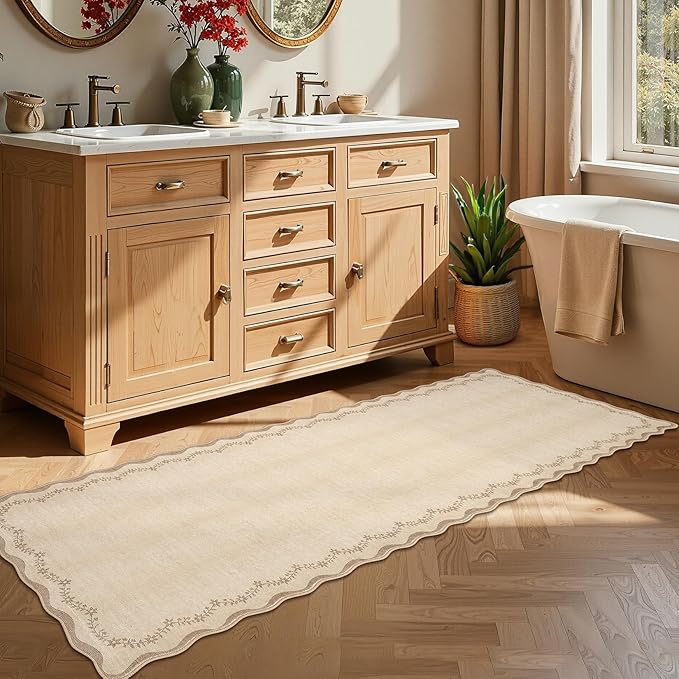 GarveeHome 2.5x8 Scalloped Washable Runner Rug for Kitchen, Soft Jute Long Hallway Runner Non Slip Entryway Rug Farmhouse Thin Laundry Mat Stain Resistant Carpet for Bathroom Beside Rug