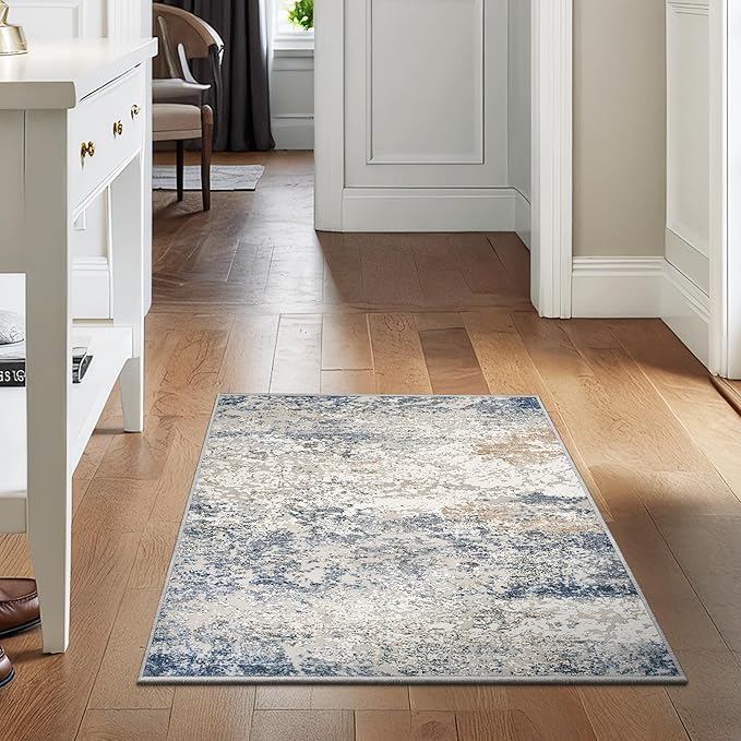 Art&Tuft 2x3 Washable Rug, Low Pile Abstract Entryway Rug 2x3, Anti-Slip Backing Small Door Mat Pet Friendly for Front Door, Entrance, Kitchen, Bathroom, Laundry, Navy