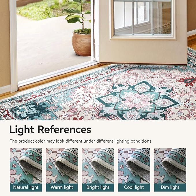 Lofus 8x10 Area Rugs, Large Area Rug for Living Room, Floral Washable Area Rug for Bedroom, Office, Dining Room, Non-Slip Vintage Boho Rug, Low-Pile Soft Carpet, Traditional Oriental Style, Light Blue