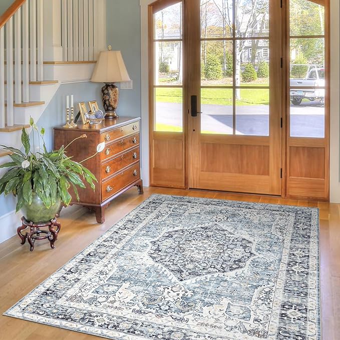 Area Rug 4횞6, Vintage Boho Rug,Ultra-Soft Low Pile, Washable, Non Slip,Stain Resistant Printed Carpet for Living Room Bedrooms Playroom Office Kitchen, Light Blue