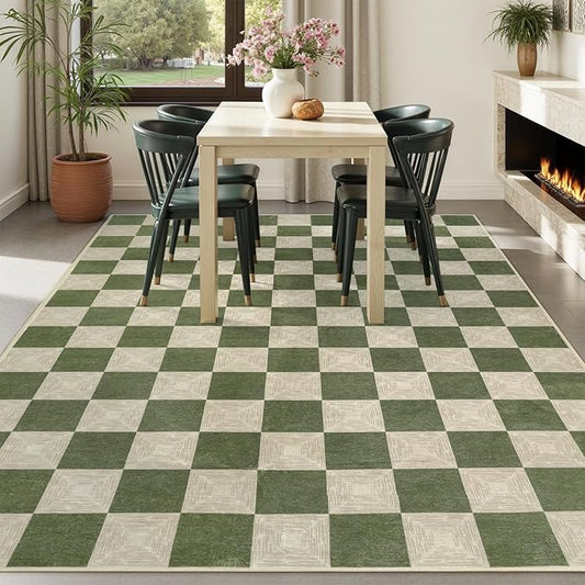 7x9 Green Checkered Area Rug for Living Room, Machine Washable Non-Slip Farmhouse Carpet, Low Pile Stain-Resistant Checkerboard Large Rug for Bedroom or Dining Room