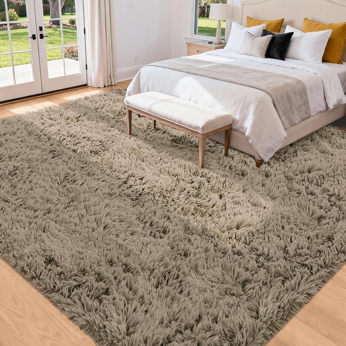 8x10 Area Rug for Living Room: Ultra Soft Fluffy Rug Modern Large Thicked Shag Rug for Bedroom Non Slip Indoor Fuzzy Carpets for Girls Kids Room Nursery Dorm Home Decor Gray Camel