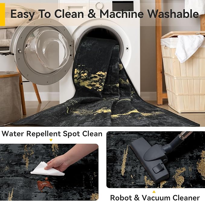 Washable Area Rugs 3x8 Non-Slip Modern Abstract Soft for Living Room Entryway Bedroom Nursery, Print Pattern, Dark Black Gold