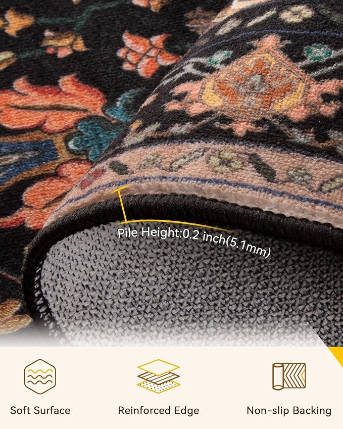 Area Rugs 3'x12' Runner Rug Non Slip Washable for Kitchen Hallway Bedroom Beside Laundry Room Bathroom Rug, Floor Carpet, Black Colorful Floral Dark Tan