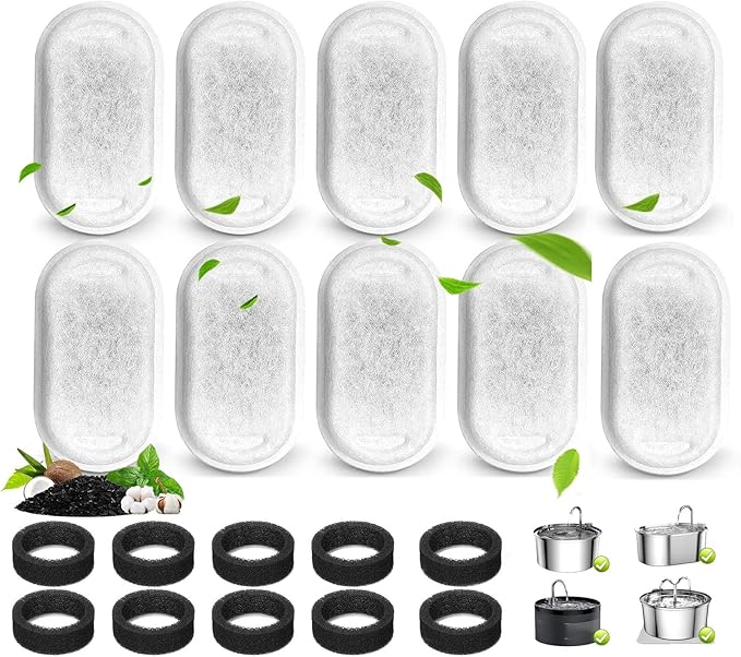 TuTuYa 20PCS Cat Water Fountain Filter, 10 Pack Cat Fountain Filter Replacement with 10 Sponges, for 108oz/3.2L & 67oz/2L Stainless Steel Pet Water Dispenser