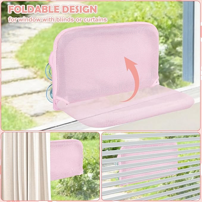 2 Pack Cat Window Perch,Cat Window Hammock Cordless Foldable Window Bed with 4 Large Strong Suction Cup,Reversible Cushion Cover,Metal Frame Easy to Adjust Window Seat Holds up to 40lbs(Pink，M)