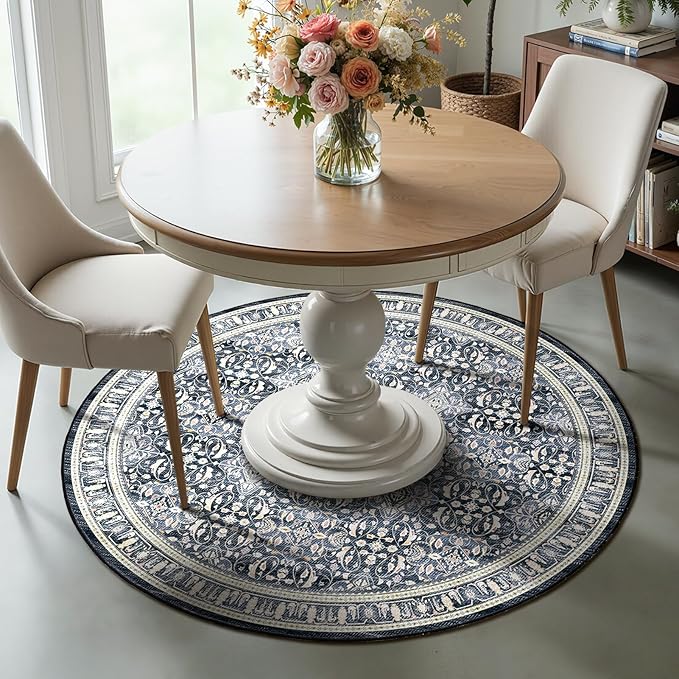 Dark Blue Round Rug 4ft for Entryway, Small Low Pile Circle Rug for Bathroom Ktichen, Washable Non Slip Circular Carpet Rug for Nursery Bedroom Dining Room, Transitional Moroccan Floral Trellis
