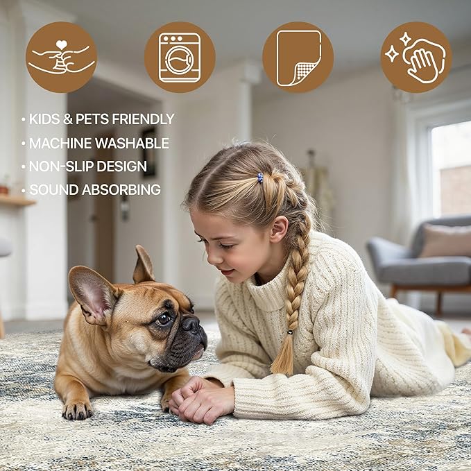 Area Rugs 9x12 for Living Room Bedroom, Modern Abstract Machine Washable Rug, Large Soft Low Pile Floor Carpet with Non Slip Backing for Dining Room, Blue Mist