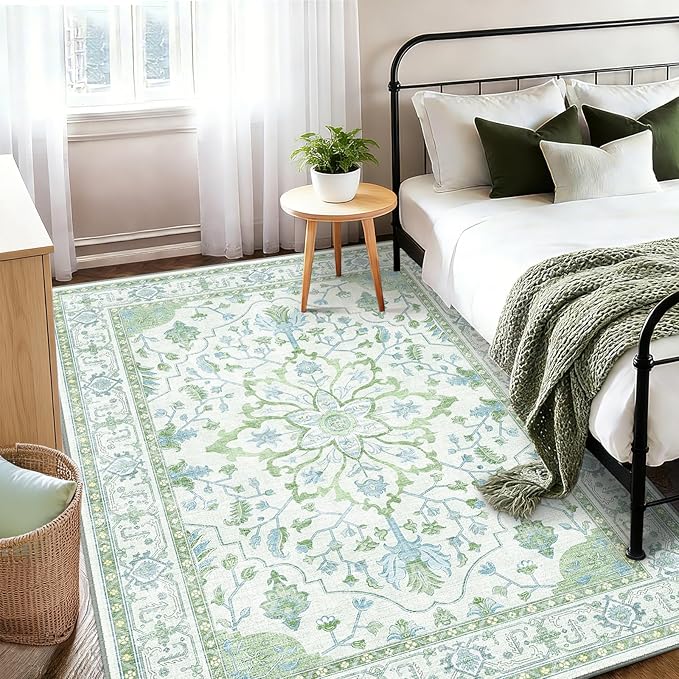 Area Rugs 8'x10' Washable Non-Slip, Floral Vintage Distress Print Pattern Medallion Carpet for Living Room Bedroom Dining Room, Green White Blue