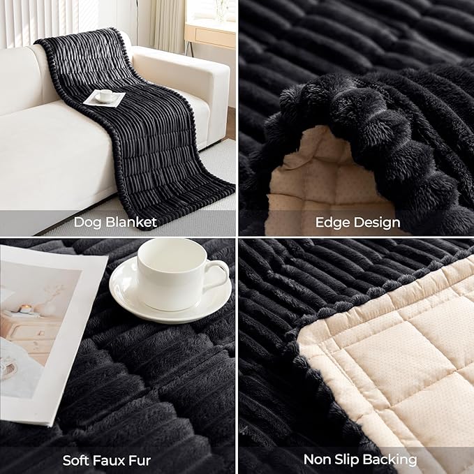 Faux Fur Plush Dog Couch Cover 3D Stripe Fuzzy Sofa Cover Non-Slip Fluffy Dog Bed Cover Pet Blanket Sofa Couch Furniture Protector for Puppy Large Dog Cat (Black,24"x82")