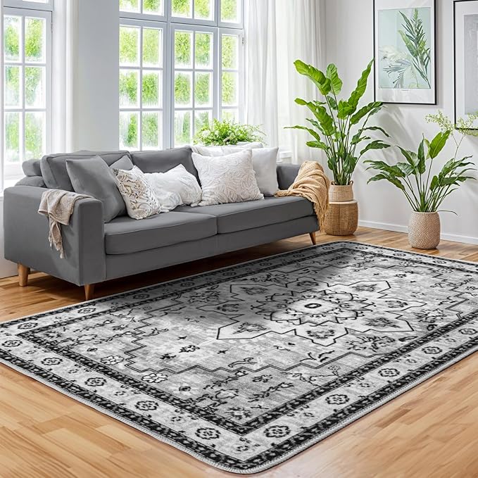 LBRO2M Boho 4X6 Rug Washable Rugs for Bedroom Non Slip Indoor Rug, Soft Low Piles Rugs Gray Foldable Carpet for Living Room Pet Friendly Area Rug Stain Resistant (4'X6' Gray)