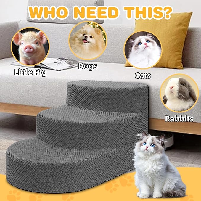 Dog Stairs for Small Dogs, Foam Steps for Small Dogs & Cats, 3 Steps Dog Ramp for High Beds, Couch, Window, Sofa, Pet Stairs with Removable Washable Cover, Non-Slip Sturdy Pet Steps, Grey