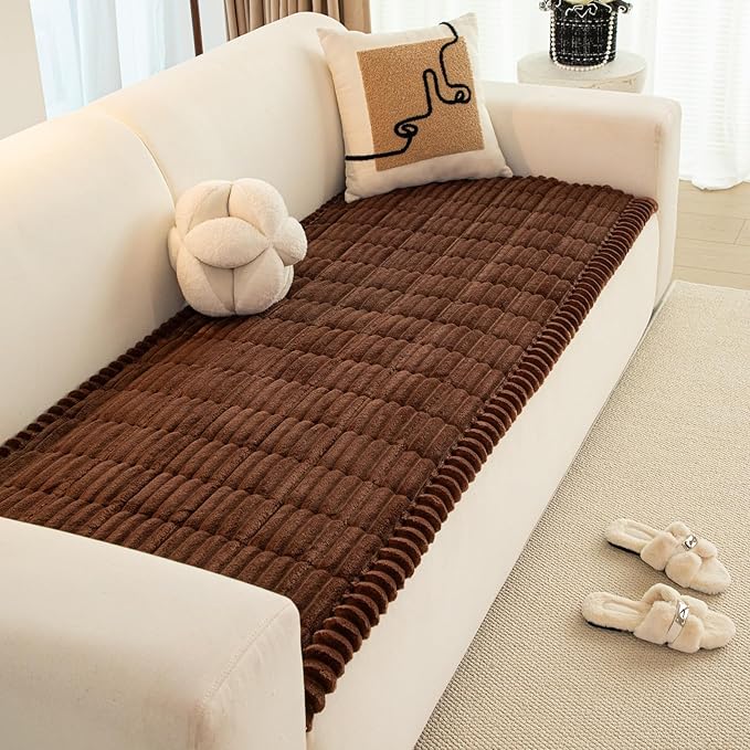 Faux Fur Plush Dog Couch Cover, 3D Stripe Fuzzy Sofa Covers, Non-Slip Fluffy Dog Bed Cover Pet Blanket, Washable Furniture Protector for Puppy Cat (Dark Coffee,28"x82")
