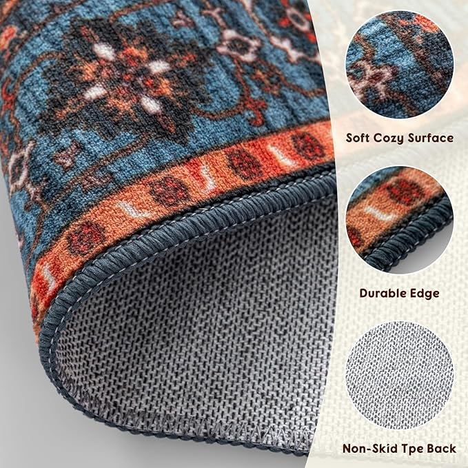 LBRO2M Boho Washable Runner Rug 2'6“X8’ Washable Hallway Runner Rugs Non Slip Low Piles Rugs, Soft, Area Rug Runners for Hallways, Bedroom, Kitchen Laundry Room (2'6"X8', Rust Teal)
