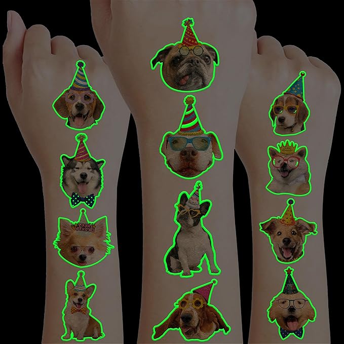 96 PCS Dog Pet Pre-Cut Luminous Glow in the dark Temporary Tattoos for Kids | Super Cute First Themed Birthday Party Favors, Supplies, Decorations, Animal Fake Tattoo Stickers Gifts for Boys Girls