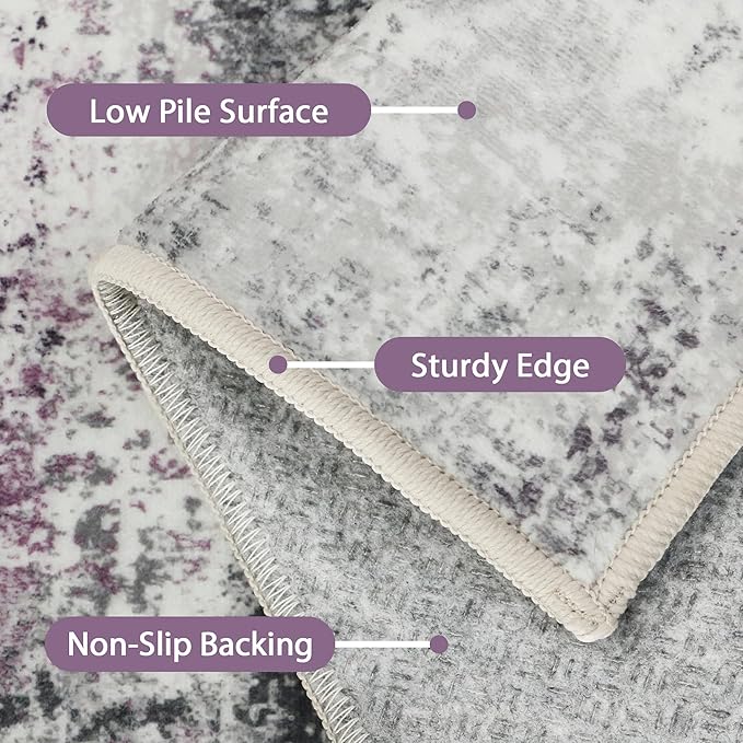 Area Rugs 5x7 for Living Room Bedroom, Modern Abstract Machine Washable Rug, Large Soft Low Pile Floor Carpet with Non Slip Backing for Dining Room, Grey/Purple