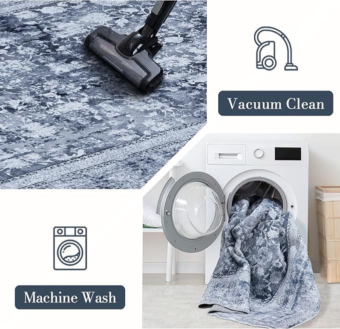 Area Rug 5횞7, Vintage Boho Rug,Ultra-Soft Low Pile, Washable, Non Slip,Stain Resistant Printed Carpet for Living Room Bedrooms Playroom Office Kitchen, Stone/Blue