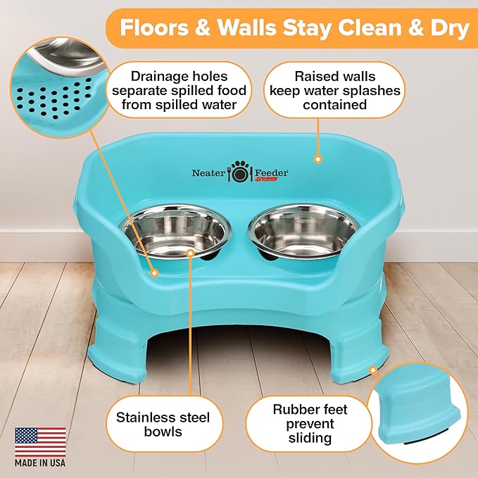 Neater Feeder Deluxe Mess Proof Dog Bowls Elevated for Small Breeds – Made in USA – No Spill Raised Dog Food Bowl Stand w/Leg Extensions – Stainless Steel Dog Food and Water Bowl Set – Teal