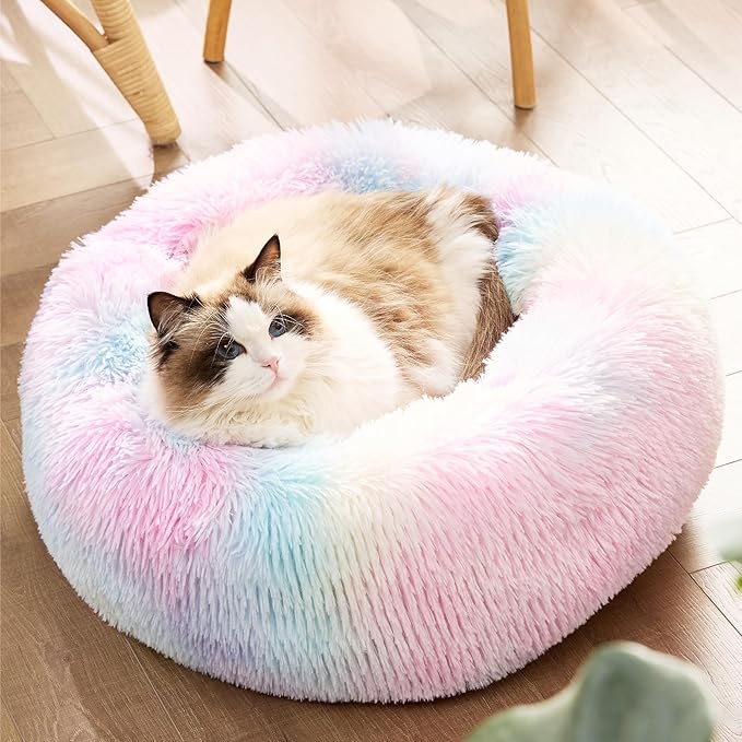 Bedsure Calming Cat Beds for Indoor Cats - Small Washable Round Cat Bed, Anti-Slip Fluffy Plush Faux Fur Pet Bed, Fits up to 15 lbs Pets, Multi-Colored, 20 inches