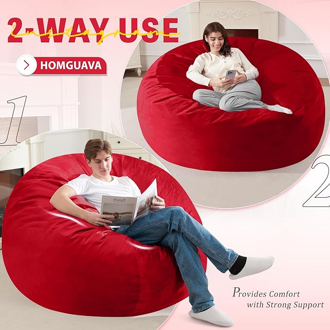 Homguava 6FT Bean Bag Chair Giant BeanBag with Memory Foam Filled, Large Bean Bag Chairs for Adults, Adult Bean Bag Chair with Dutch Velvet Cover for Living Room Bedroom-Red