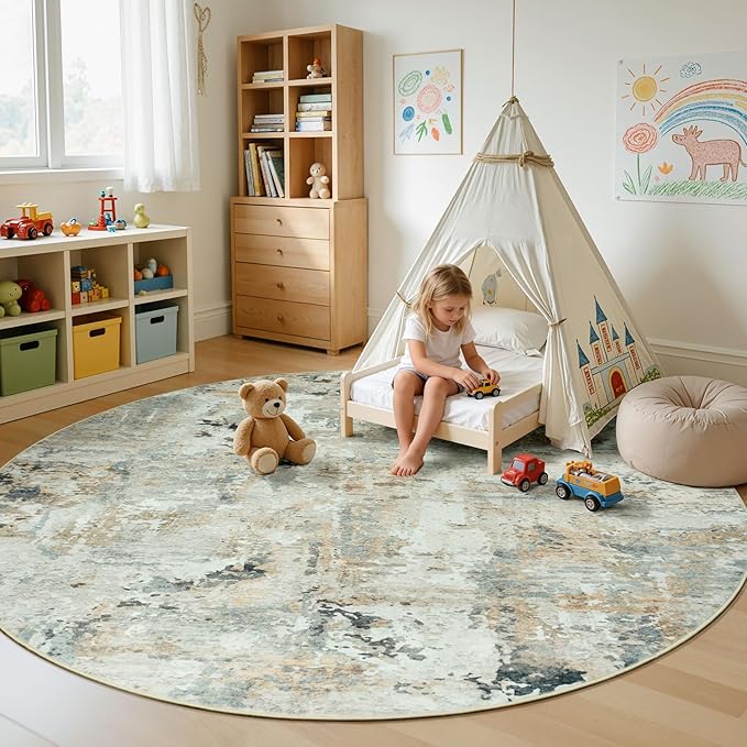 Abstract Round Rugs 6ft, Non-Slip Washable Circle Rug for Living Room, Stain Resistant Neutral Indoor Soft Floor Carpet for Bedroom Nursery, Brown/Grey