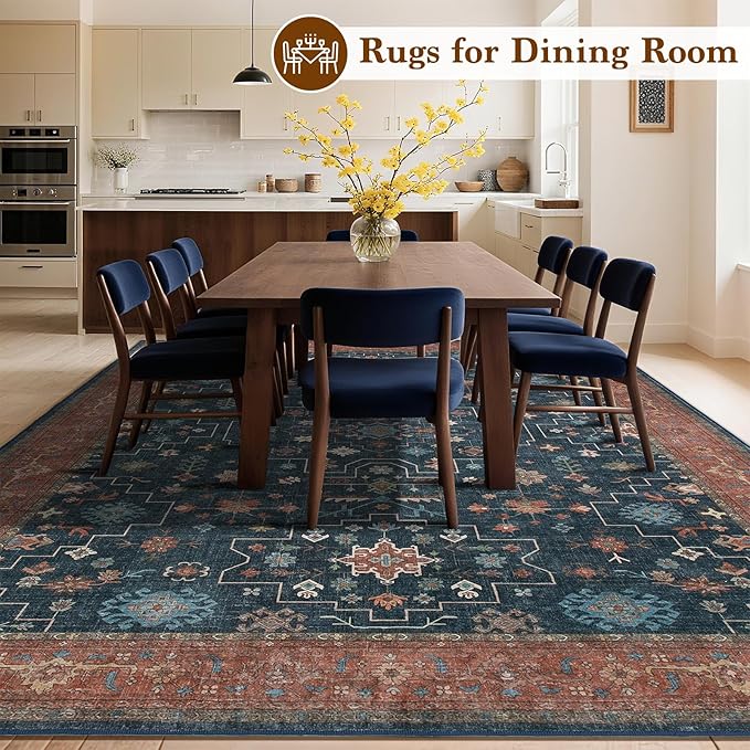 LBRO2M Distressed Washable Rugs 9X12 Area Rug for Living Room for Bedroom Dining Room Non Slip Farmhouse Rugs Easy Clean, Stain Resistant Carpet Great for Pets and Kids (9'X12' Distressed Blue)
