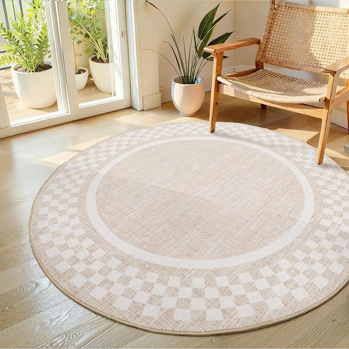 4ft Washable Round Rug for Entryway Modern Checkered Bedroom Circle Rug Non Slip Soft Dining Room Round Throw Carpet Small Stain Resistant Border Round Rugs for Living Room Kitchen Bathroom, Beige