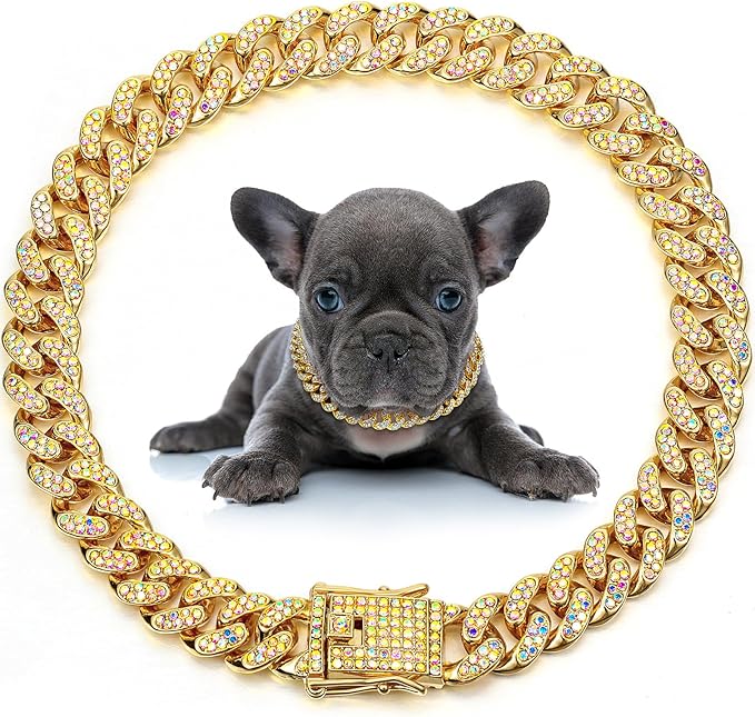 LEIFIDE Dog Chain Collar Diamond Link Puppy Collar 12 mm Wide Dog Necklace Metal Cat Chain Pet Crystal Necklace Jewelry Accessories for Small Medium Large Pet(10 Inch,Gold, AB Color)