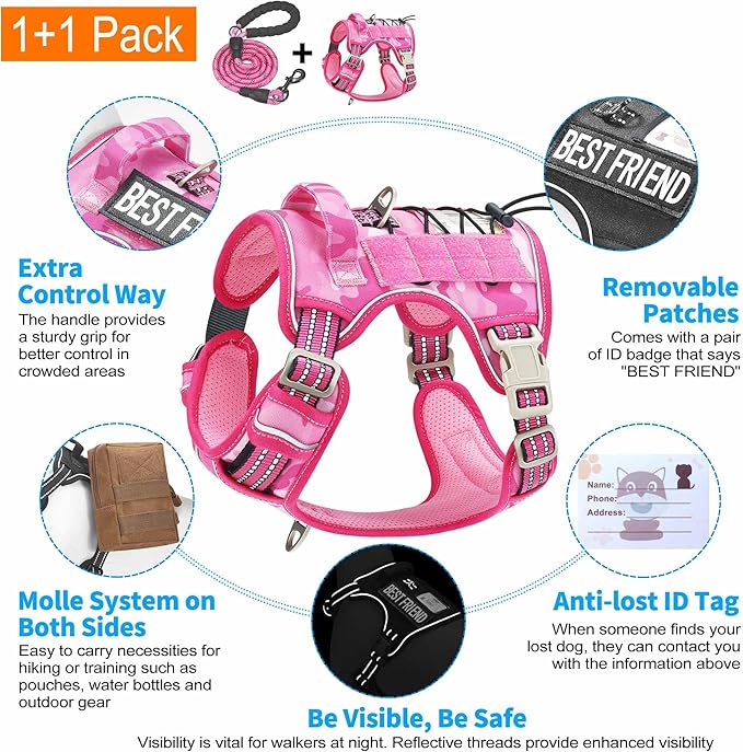 Heavy Duty Tactical Dog Harness for Large Dogs, No Pull Adjustable Pet Harness Reflective Service Training Easy Control Pet Vest Military K9 Working Dog Harnesses-X- Large, Pink Camo