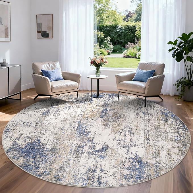 Area Rug Living Room Washable Rugs: 6x6 Modern Neutral Abstract Low Pile Non Slip Floor Carpet - Large Soft Thin Stain Resistant Rug for Bedroom Dining Indoor Office Home, Blue Brown