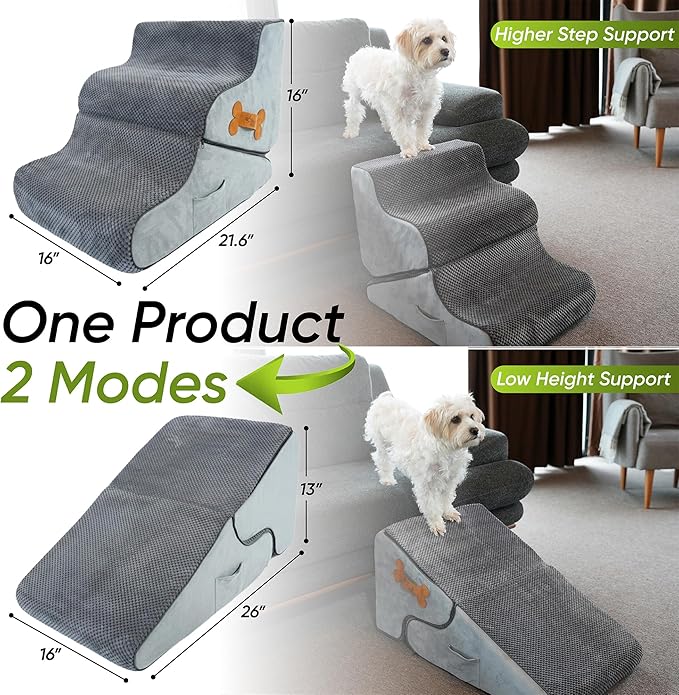 Dog Stairs for Bed & Couch – BuddyRamp 2-in-1 Foldable Dog Stairs and Ramp, 3-Step Pet Stairs Converts to Gentle Ramp, Non-Slip Soft Foam Steps for Small Dogs & Senior Pets