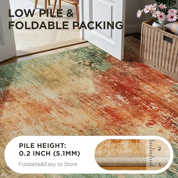 Joydeco 2x6 Washable Runner Rug for Hallway, Modern Abstract Non-Slip Soft Rugs, Low Pile Carpet for Entryway, Bedroom, Kitchen, Laundry, Green & Orange & White
