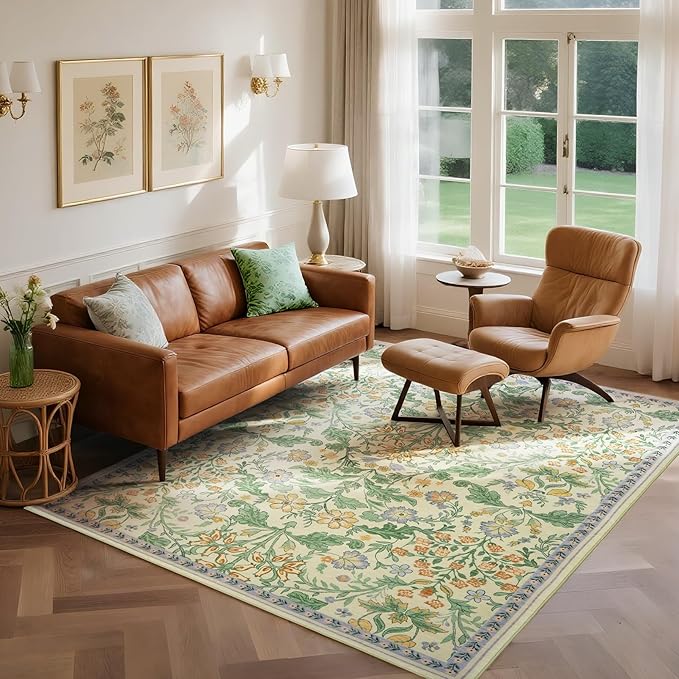 Floral Area Rug for Living Room: 5x7 Washable Soft Low Pile Thin Indoor Carpet, Non Slip Stain Resistant Vintage Flower Boho Accent Rugs for Bedroom, Dining, Home Office, Nursery - Ivory/Yellow