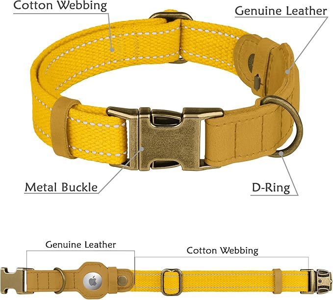 Reflective Leather Dog Collar with AirTag Holder - Soft Apple Airtag Dog Collar with Metal Buckle - Safety Cotton Pet Collars for Dogs Small Large Dogs Puppy (Yellow, L, 17"-21")
