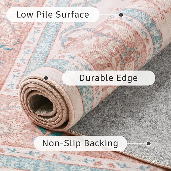 DCX Pink Floral 5x7 Area Rug, Machine Washable, Soft Vintage Floral Rug Non Slip Stain Resistant for Living Room, Bedroom, Dining Room, Nursery Carpets