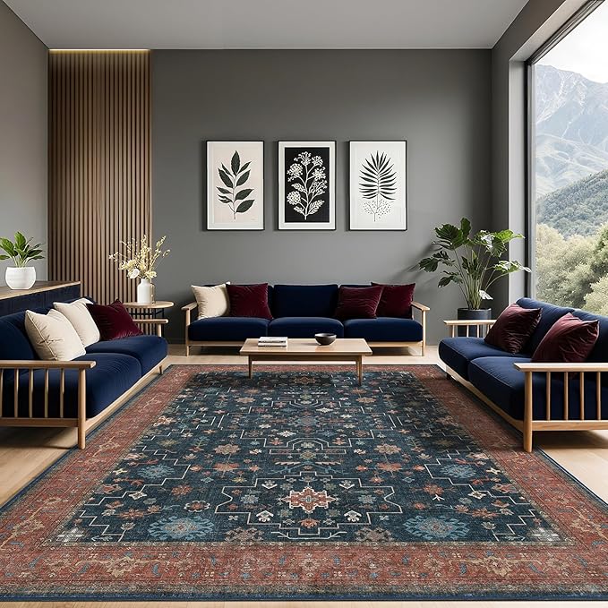 LBRO2M Vintage Washable Rugs 8X10 for Living Room Bedroom Office Farmhouse Non Slip Distressed Area Rugs Easy Clean, Stain Resistant Carpet Low Piles Great for Pets and Kids (8'X10' Distressed Blue)