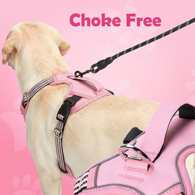 Funfox Dog Harness Medium No Pull, Adjustable 2 Clips Anti-Pull Vest with Practical Handle, Breathable Padded Pet Harness Designed for Small/Large Breeds, Reflective Training Walking Pink M