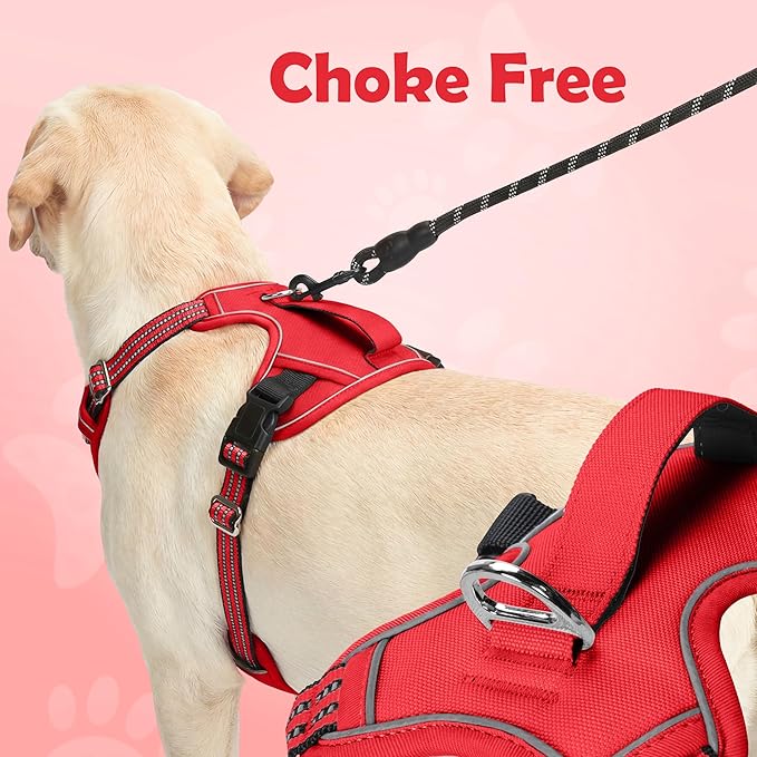 Funfox Dog Harness No Pull, Adjustable Pet Vest Harness, Super Soft Material with Vertical Handle Easy Control, Reflective Night Walking, 2 Leash Clips for XLarge Dogs, Red, XL