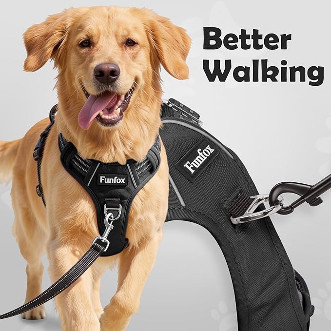 Funfox Dog Harness No Pull, Adjustable Pet Vest Harness, Super Soft Material with Vertical Handle Easy Control, Reflective Night Walking, 2 Leash Clips for Medium Sized Dogs, Black, M