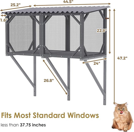 Cat Window Perch, Cat Catio for Large Indoor Cats, Outdoor Pet House Weatherproof, Catio Outdoor Enclosure, Space-Saving Pet Furniture for Window Naps and Sunbathing (Black+ Gray, 43.3)