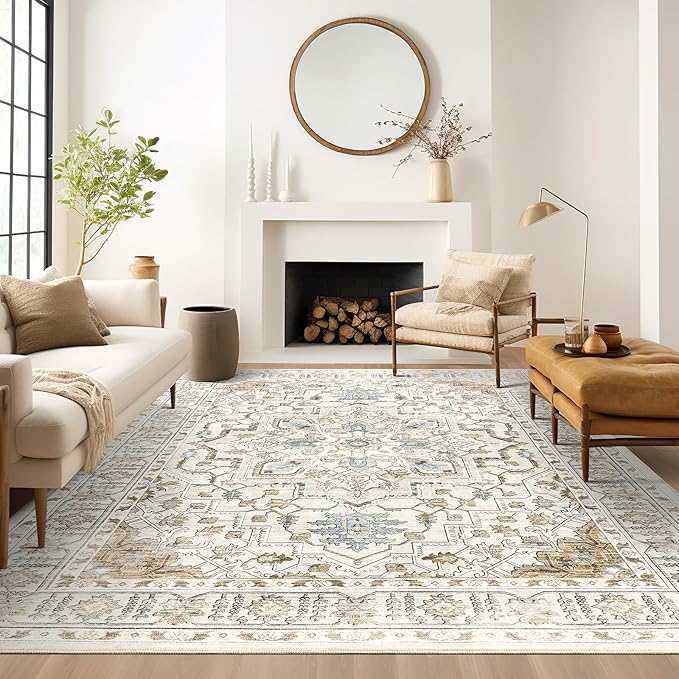 Area Rugs for Living Room - 3x5, Boho Non-Slip Low Pile Carpet Machine Washable Rugs for Bedroom Office, Dining Room (Beige)
