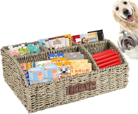 Bratod Dog Storage Organizer Wicker Basket,Dog Treat Container Bin for Countertop,Pet Treats Box with Dividers,Dog Cat Can Food Storage Bin,Pet Treat Station-Natural Woven Seagrass