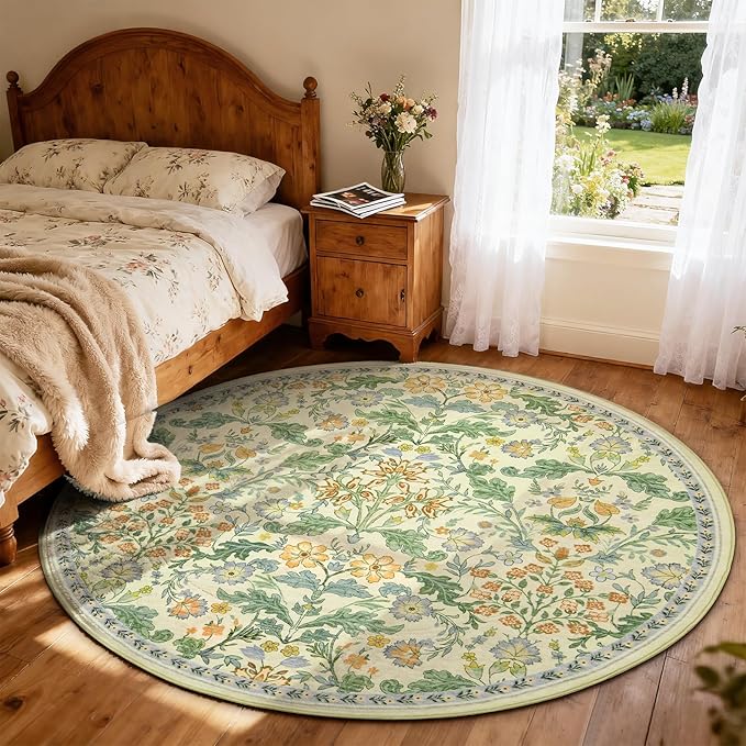 Floral Area Rug for Living Room: 6x6 Washable Soft Low Pile Thin Indoor Carpet, Non Slip Stain Resistant Vintage Flower Boho Accent Large Rugs for Bedroom, Dining, Home Office, Nursery - Ivory