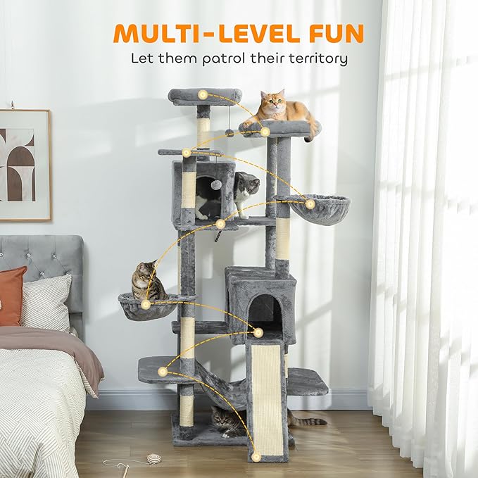 PawHut Cat Tree, 69" Multi-Level Large Cat Tower with 8 Scratching Posts, 2 Condos, 3 Hammocks, Scratching Ramp, 3 Perches, Dangling Toys, Activity Center for Indoor Kittens, Dark Gray