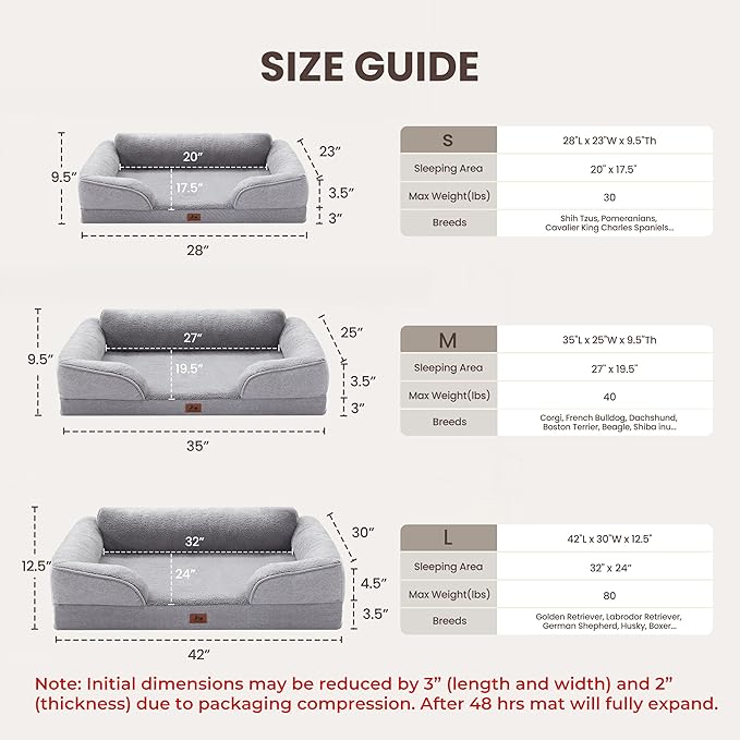 XL Orthopedic Dog Beds for Large Dogs, Waterproof Egg-Crate Foam Pet Couch Bed with Soft Sides, Non-Slip Dog Sofa with Fleece Removable Washable Cover, 42" L Supportive Pet Sofa, Light Grey