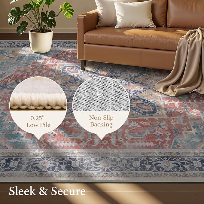 Rugflix 5x7 Area Rugs for Living Room, Machine Washable Rug Non Slip Stain Resistance, Large Rug Vintage Distressed Soft Carpet for Bedroom, Dining Room, Home Office, Blue Red