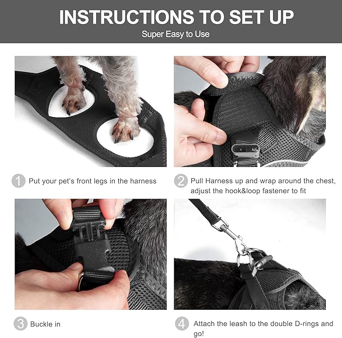 Fida Comfy Dog Harness with Leash, Cat Vest Harness Escape Proof, Breathable Lightweight Soft Mesh, Adjustable Reflective Step-in Harness for Puppy Toy Breeds & Extra-Small Pet (XXS, Black)