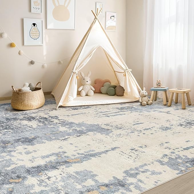 8x10 Area Rug Living Room Rugs - Washable Neutral Modern Abstract Soft Thin Rug Indoor Floor No Slip Rug Carpet for Bedroom Under Dining Table Home Office Decor - Blue/Light Brown