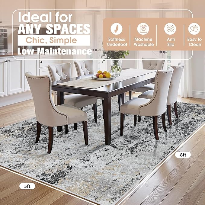 5x8 Area Rugs for Living Room Rug Washable: Abstract Rug for Dining Room Bedroom Carpet Non Slip 5 by 8 Indoor Modern Nursery Home Office Black Grey Gold