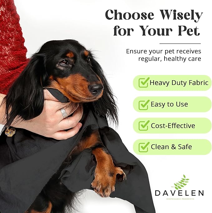 DAVELEN Disposable Pet Towels (50-Pack), Super Absorbent, for Small, Medium, Large Dogs & Cats | Paws, Fur, Body Use | Bleach and Dye Free, Ecofriendly | Towels Size: 31.5" x 15.5" (Black)